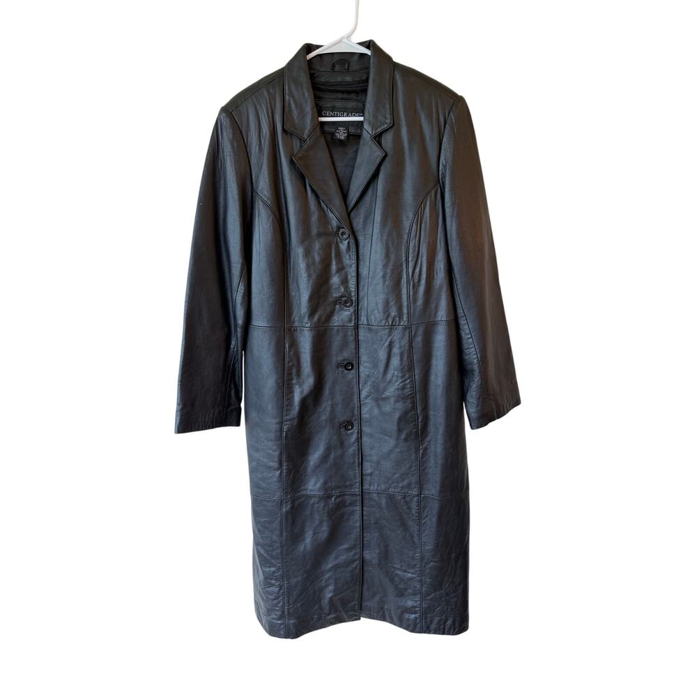 Centigrade Vintage Long Sleeve Button Front Long Coat Leather Black Women Small
